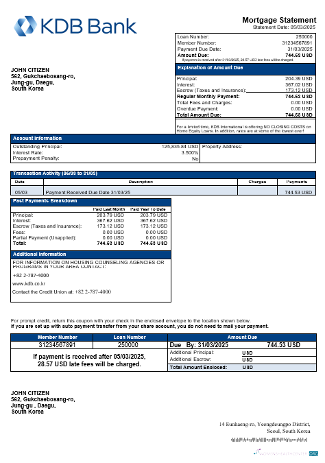 Download South Korea KDB bank mortgage statement in Word and PDF formats Photoshop template